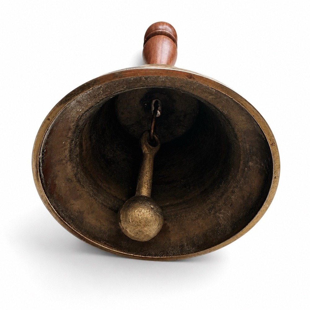 Vintage Heavy Solid Brass Hand Bell Wood Handle Loud Farmhouse Tavern Decor - Picture 6 of 7
